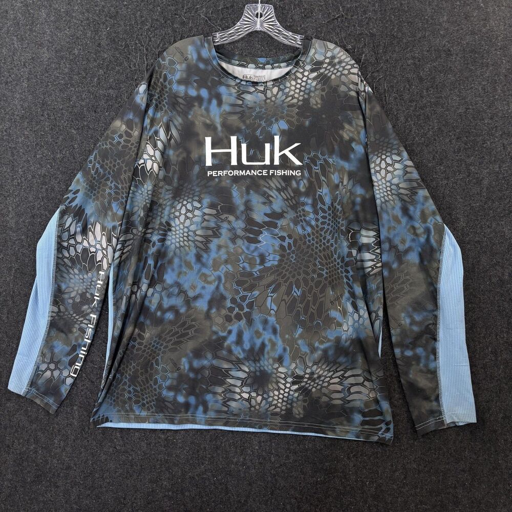 Huk Performance Fishing Shirt Men's XXL Blue Gray Camo Logo Mesh Vented